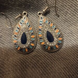 Elegant Teardrop Earrings with Blue and Orange Accents